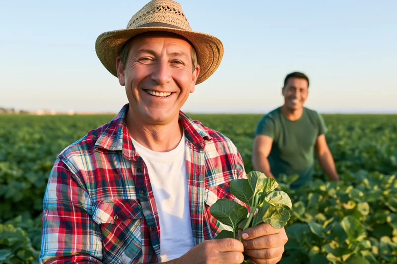 Smiling farmer holding a leafy plant in a green field with another man in the background
