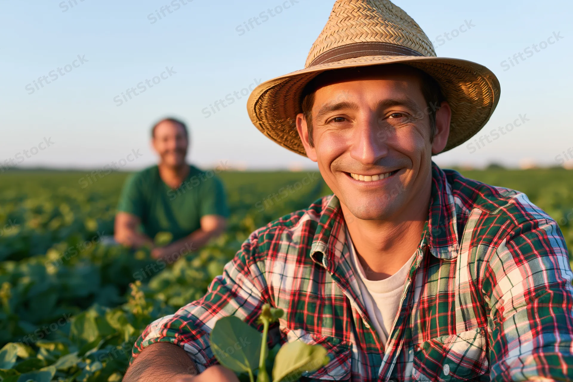 Smiling farmer in plaid shirt and straw hat holding a leafy plant in a vast green field with another farmer in the background