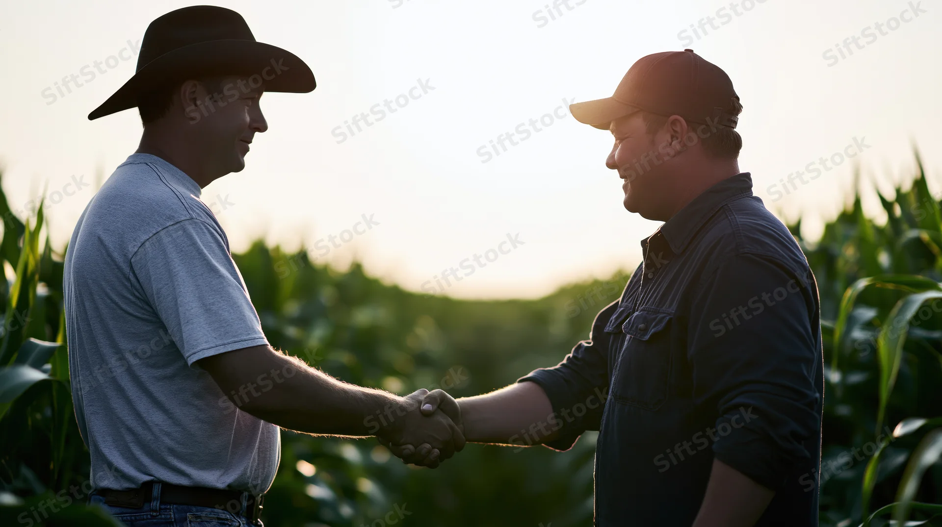 Two farmers shaking hands in a cornfield at sunset