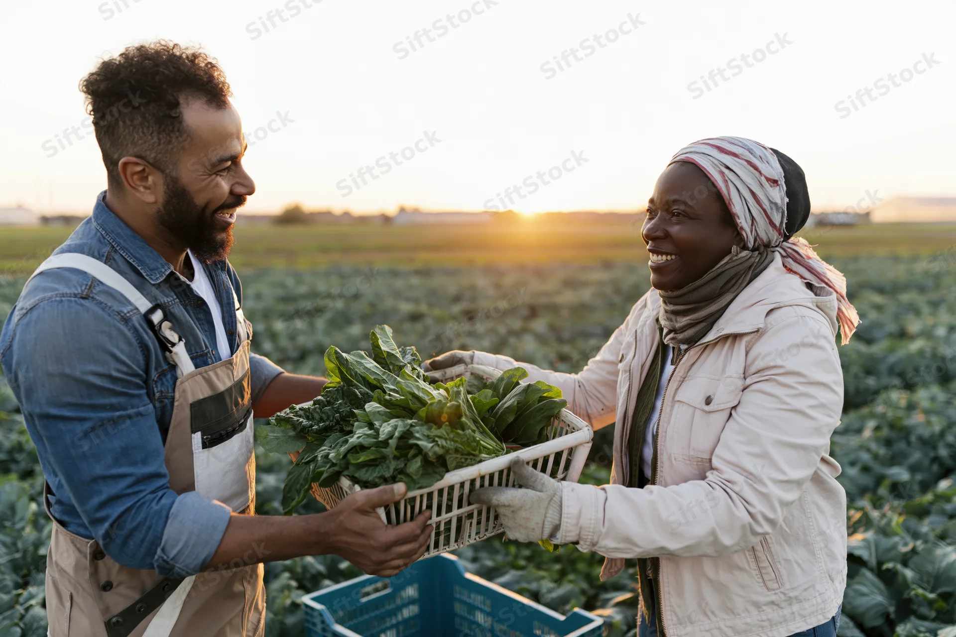 Two farmers exchanging a basket of leafy greens in a field at sunset
