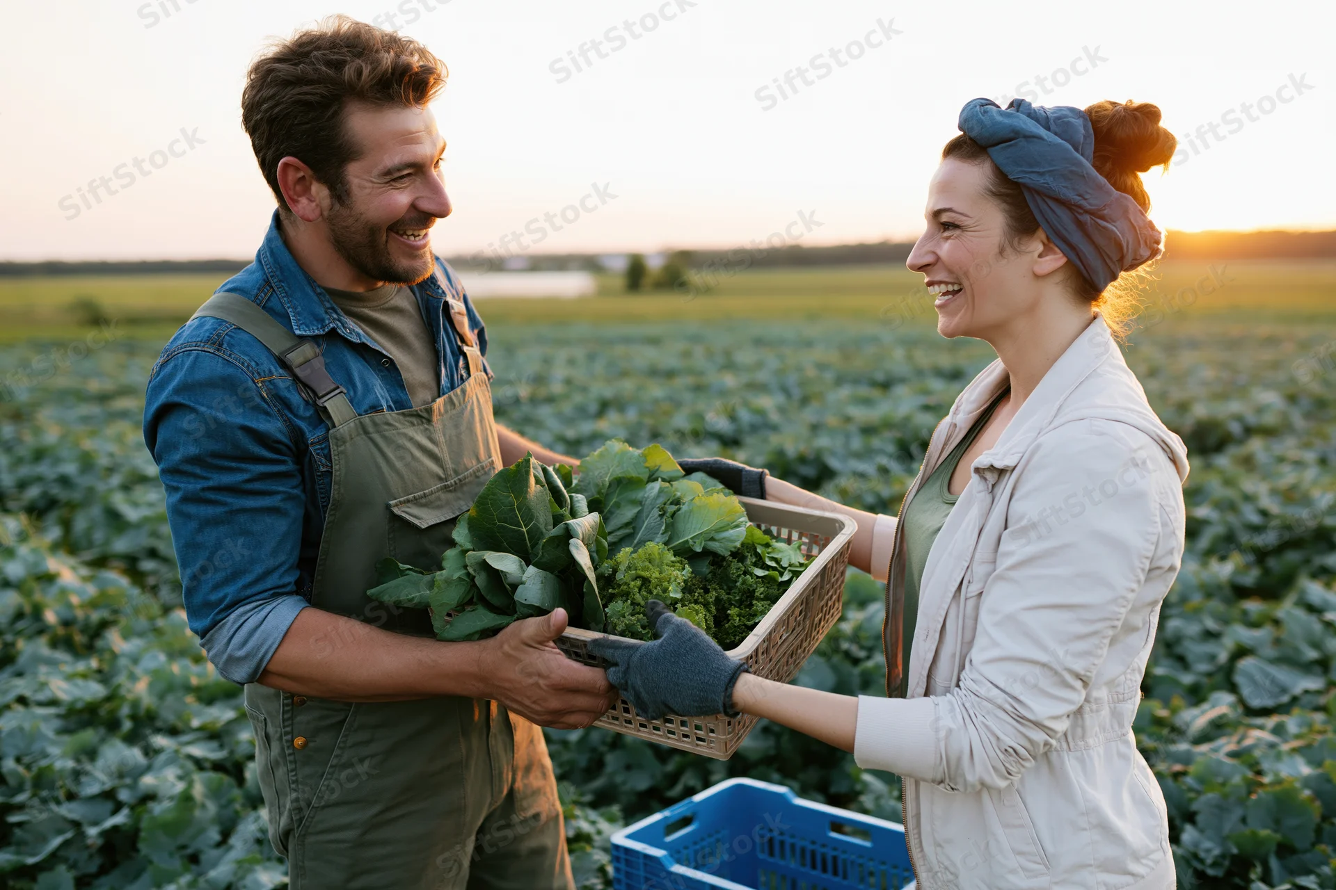 Man and woman farmers smiling while exchanging a basket of fresh vegetables in a field at sunset
