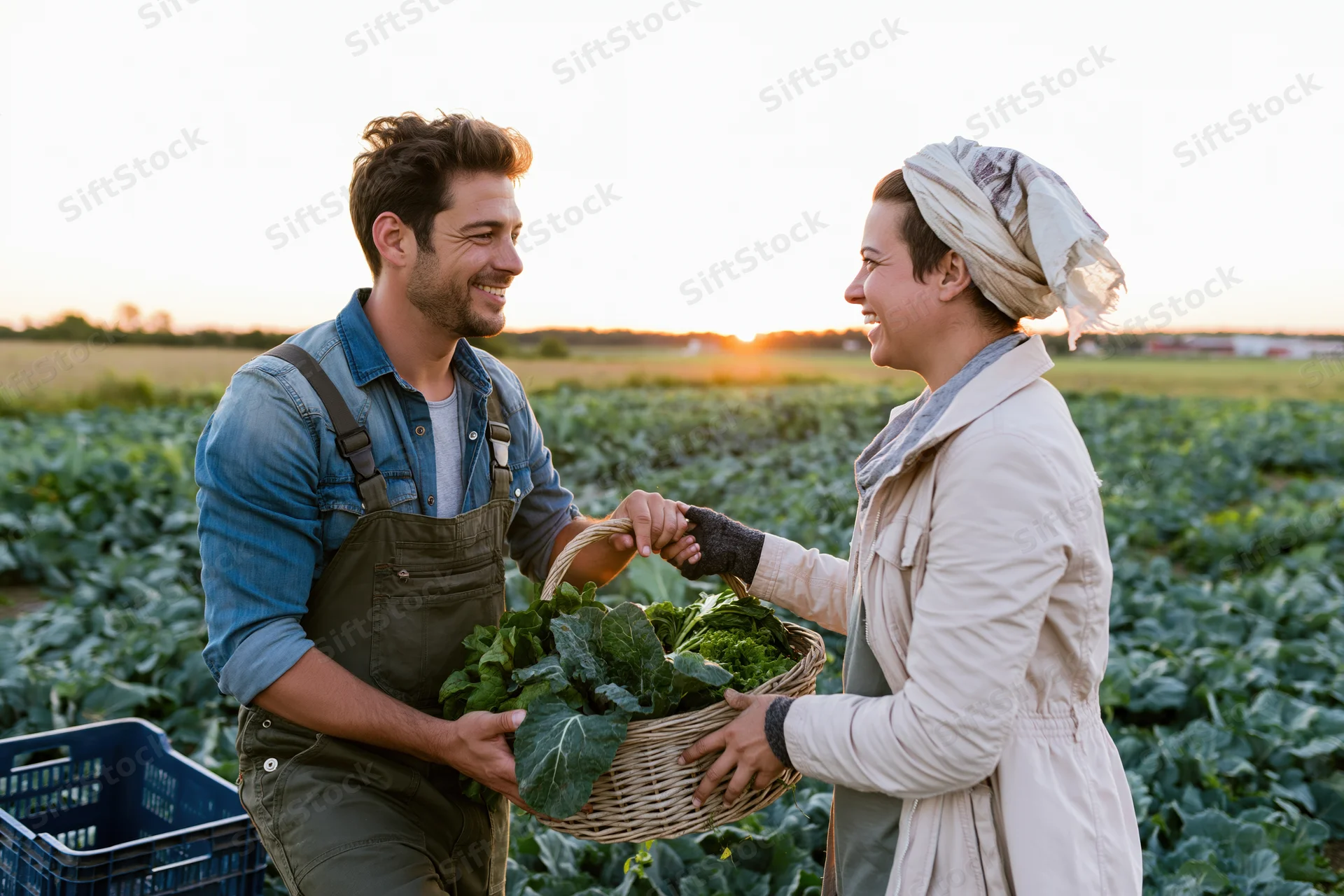 Two farmers smiling and sharing a basket of leafy vegetables in a field at sunset