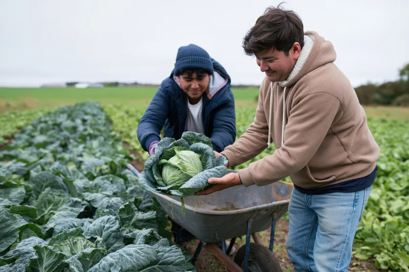 Two farmers harvesting cabbage in a field with a wheelbarrow