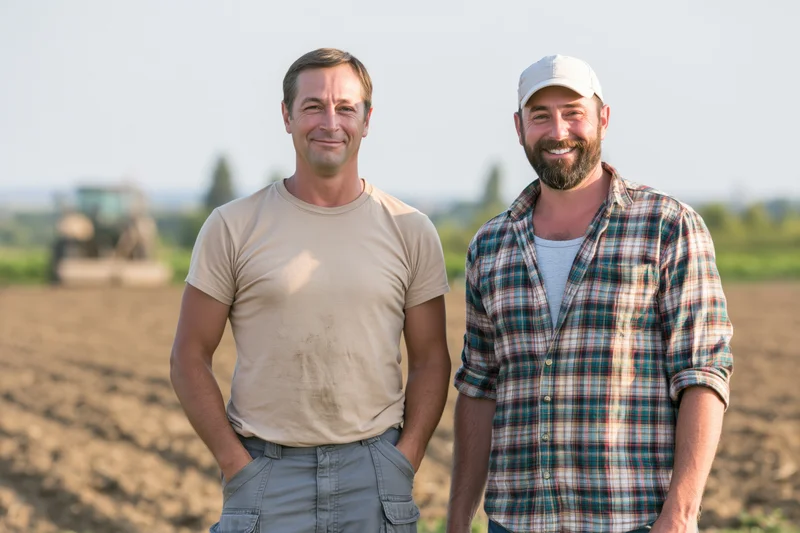 Two farmers standing together in a plowed field with a tractor in the background