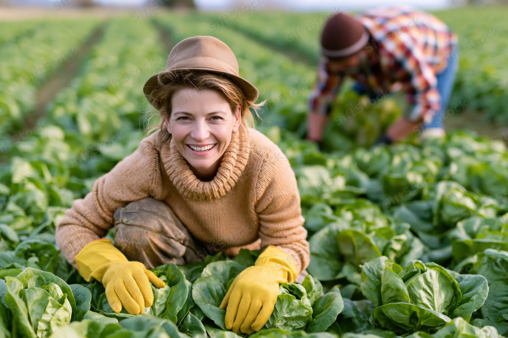 Woman farmer smiling among lettuce in a field with another farmer working in the background