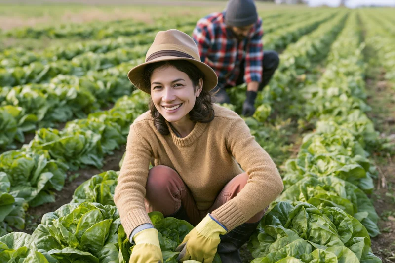 Woman farmer crouching among lettuce rows in a field smiling at camera with another farmer working behind her
