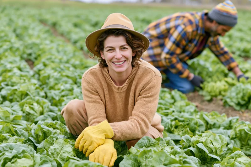 Woman farmer smiling in a lettuce field with a man farming in the background