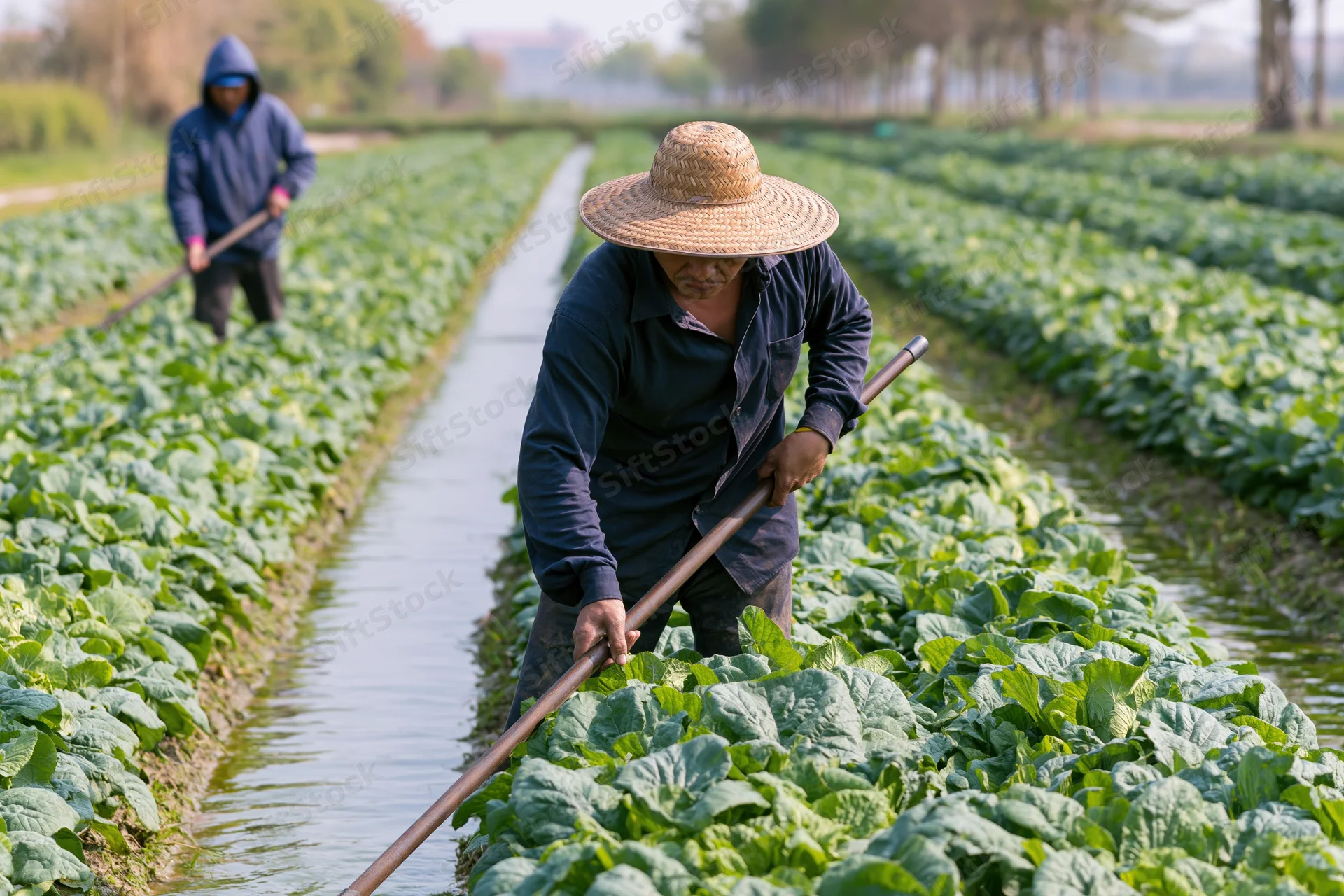 Farmer tending cabbage rows with hoe in irrigated field