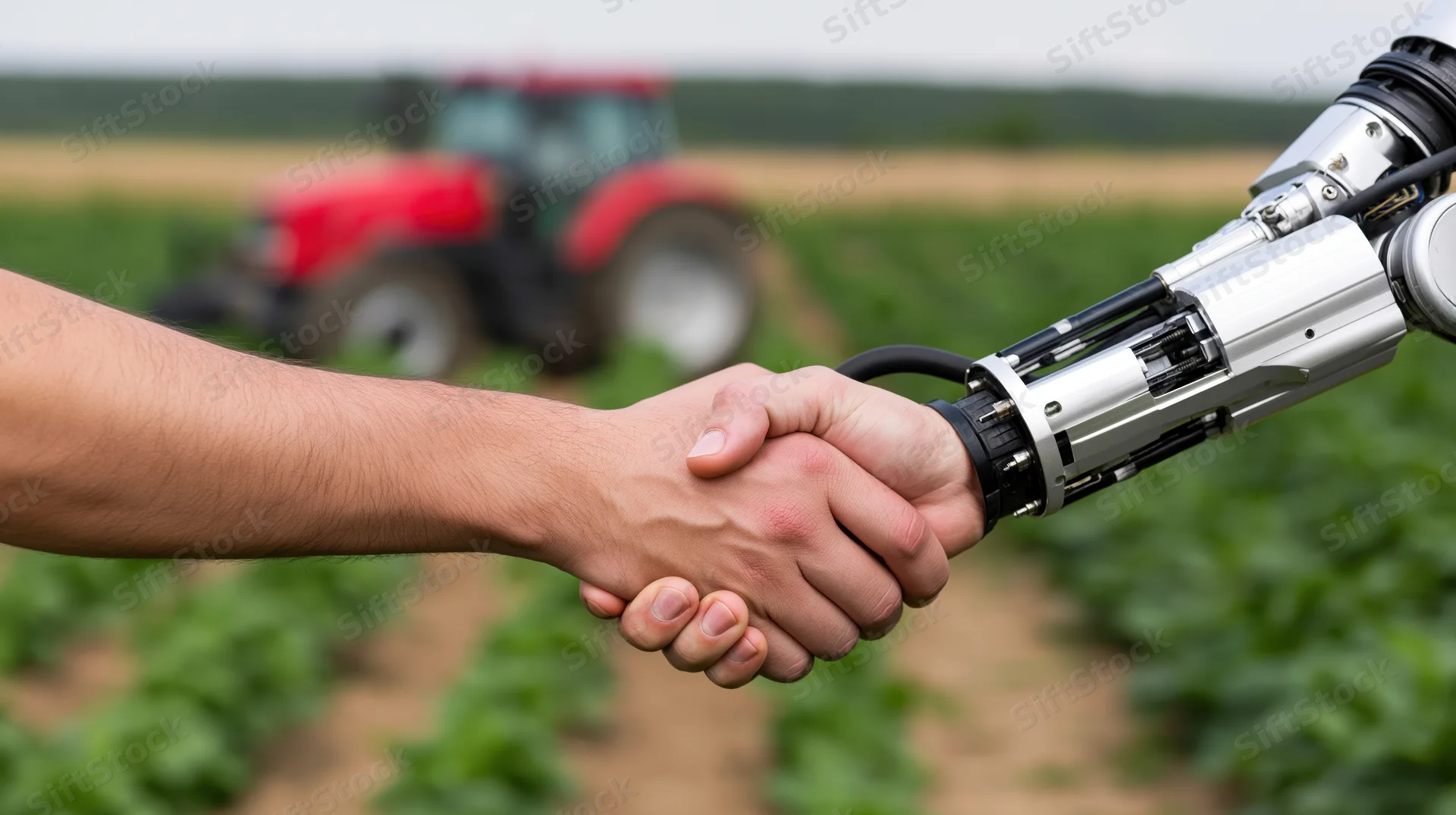 Human hand shaking robotic arm in a crop field with tractor in background