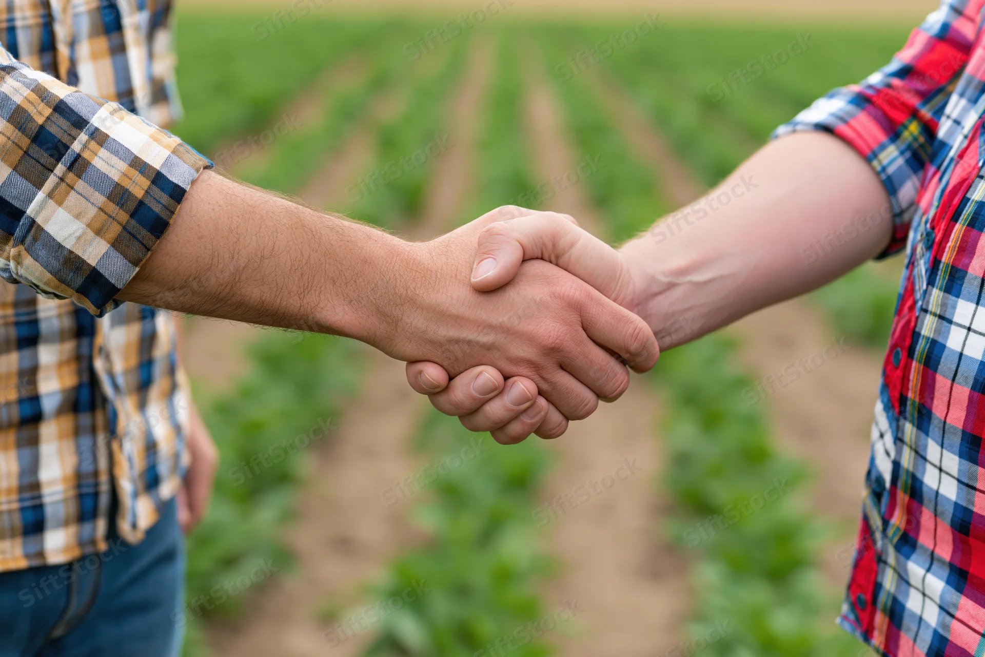 Two farmers shaking hands in a green crop field