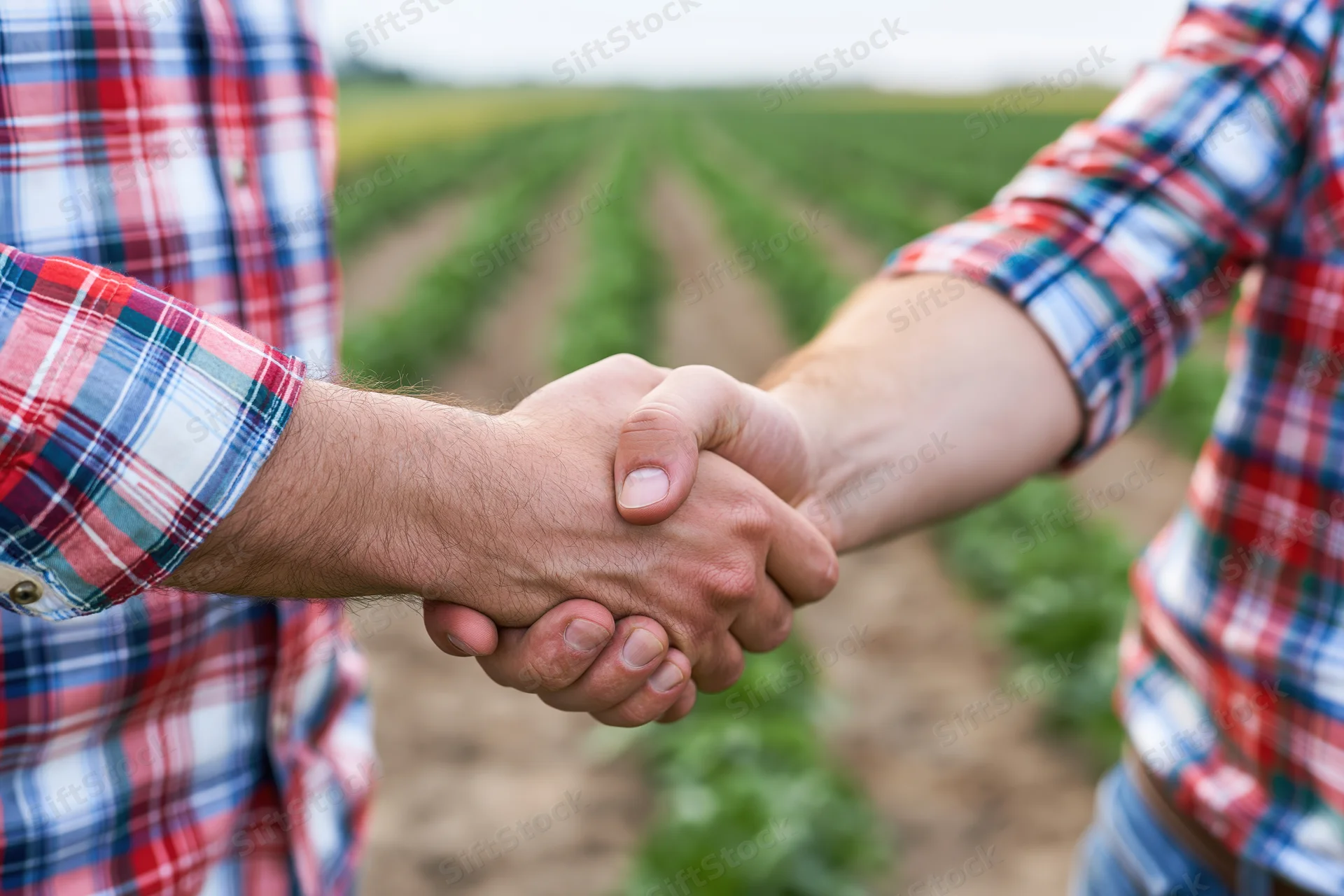Two men in plaid shirts shaking hands in a crop field