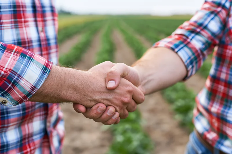 Two men in plaid shirts shaking hands in a crop field