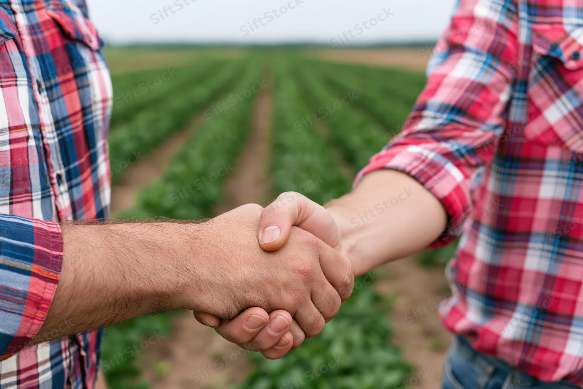 Two men in plaid shirts shaking hands in a green crop field
