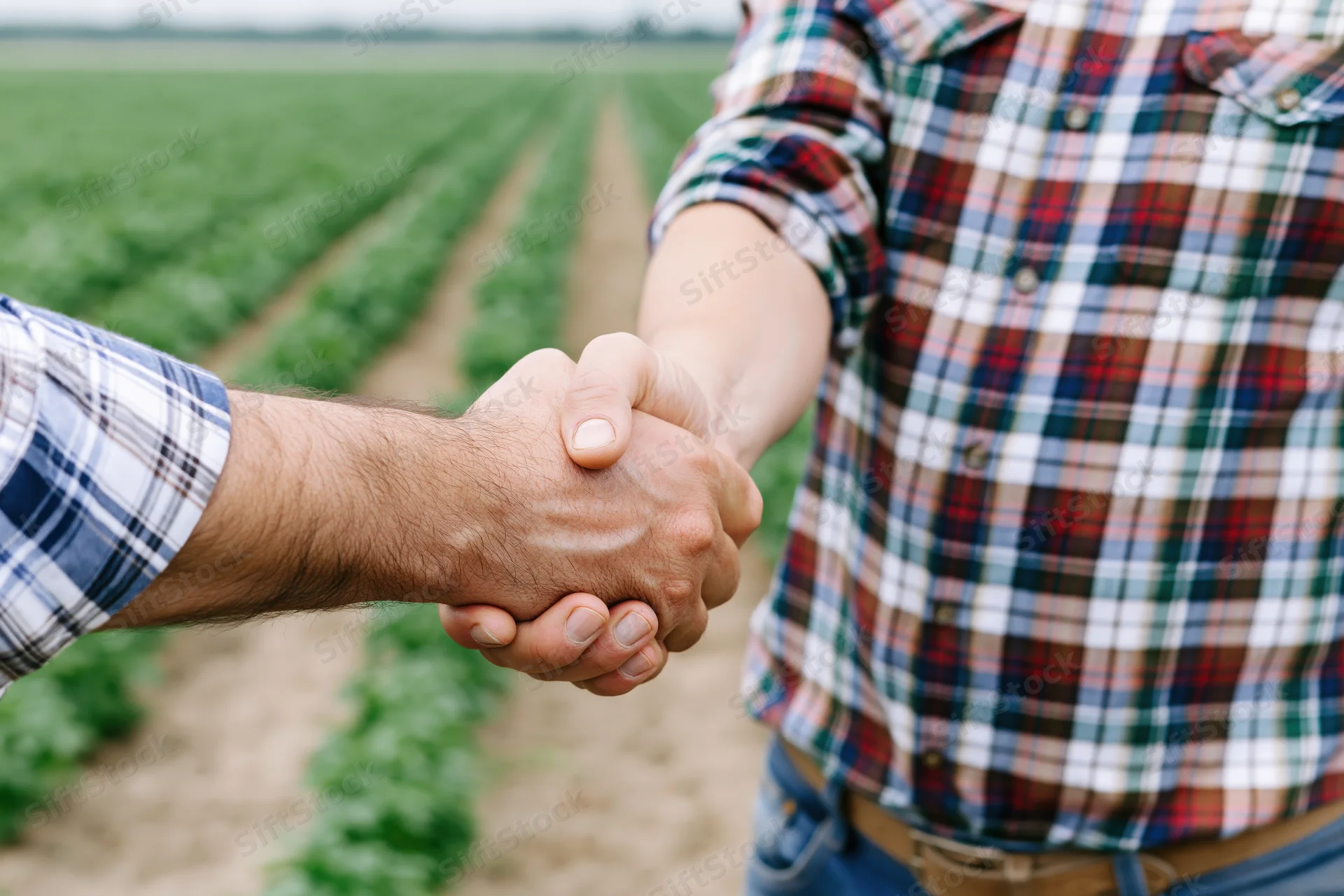 Two men shaking hands in a cultivated field