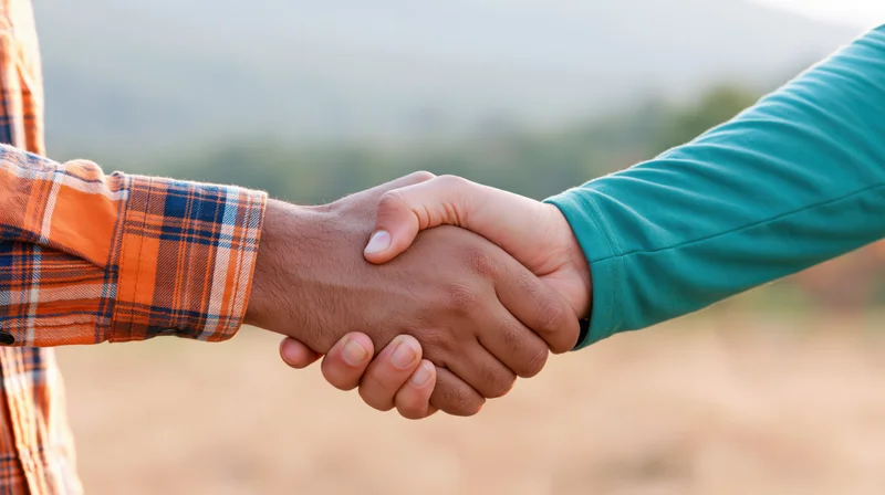 Two hands shaking firmly in an outdoor field setting