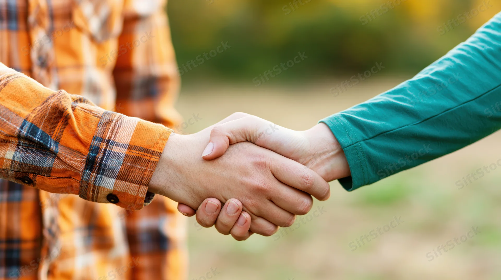 Two people shaking hands outdoors in a firm grip, one wearing an orange plaid shirt and the other a green long-sleeve shirt