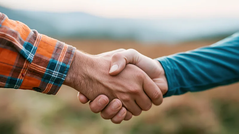 Two hands shaking firmly in an outdoor field with mountains in the background