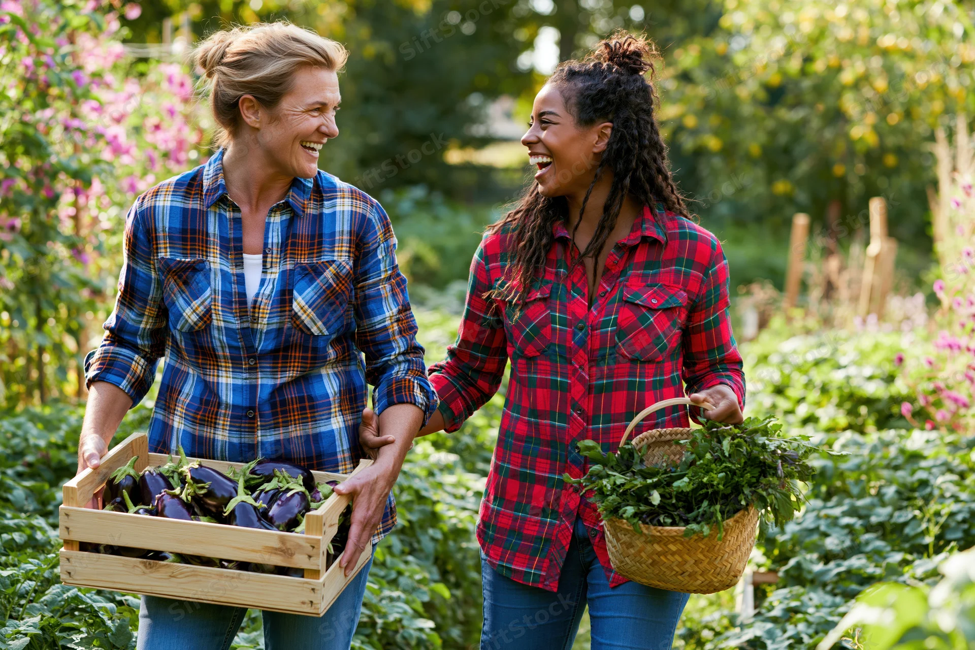 Two women laughing while carrying harvested vegetables in a garden