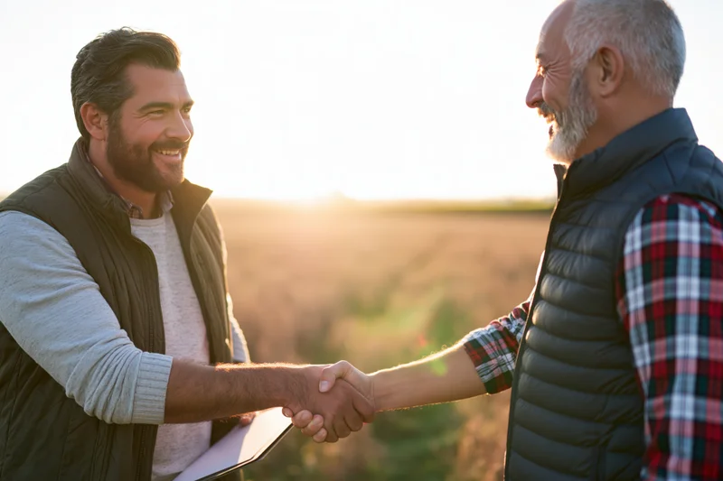 Two men shaking hands in a field at sunset