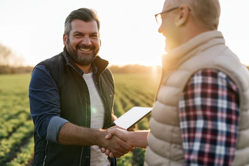 Two men shaking hands in a field with a tablet at sunset