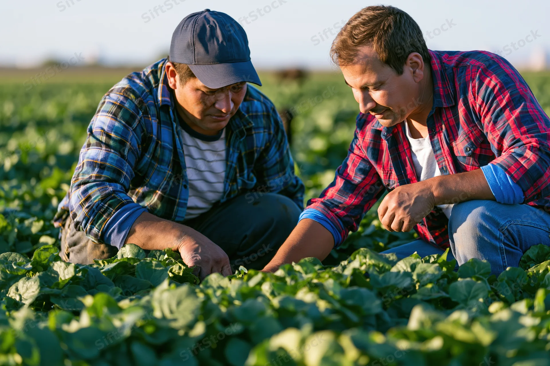 Two men crouching in a field examining leafy crops