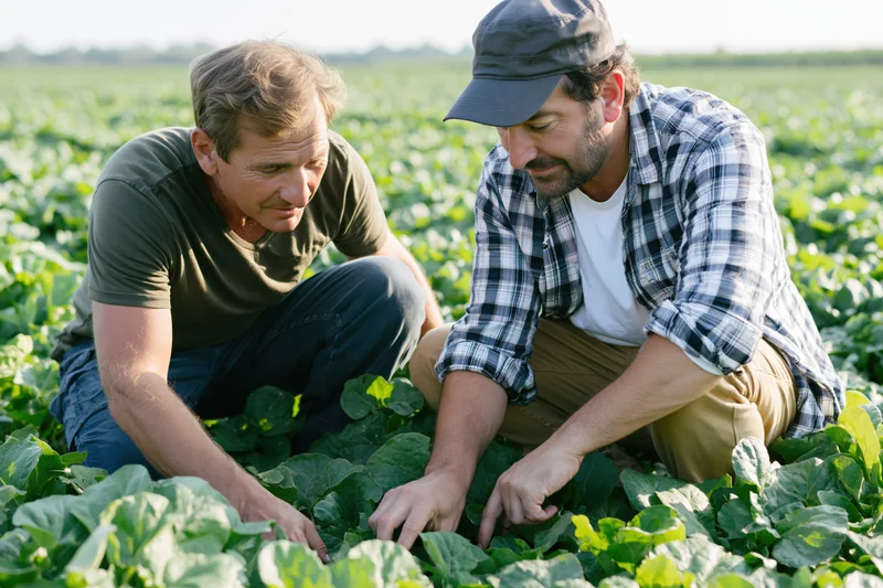 Two men crouching in a field inspecting leafy green crops