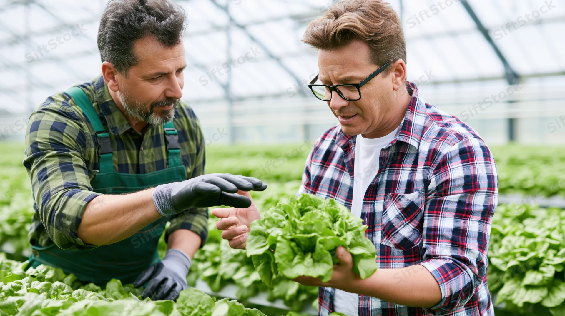 Two men inspecting lettuce in a greenhouse