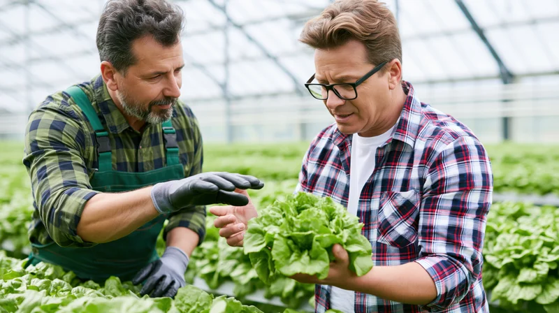Two men inspecting lettuce in a greenhouse