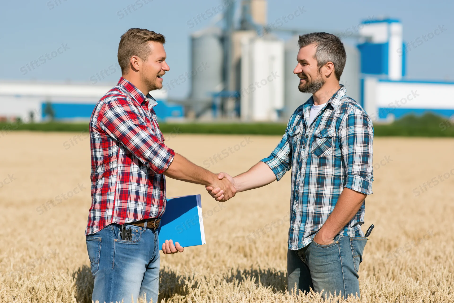 Two men in plaid shirts shaking hands in a wheat field with grain silos in the background