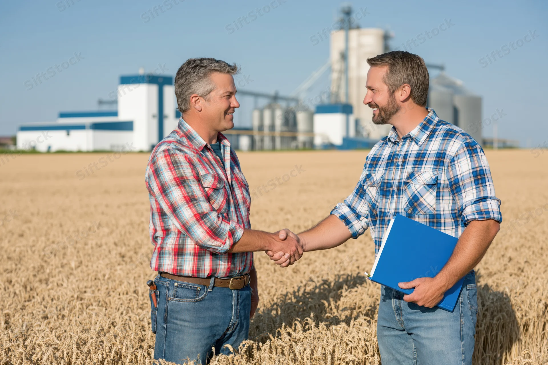 Two men shaking hands in a wheat field with grain silos in the background