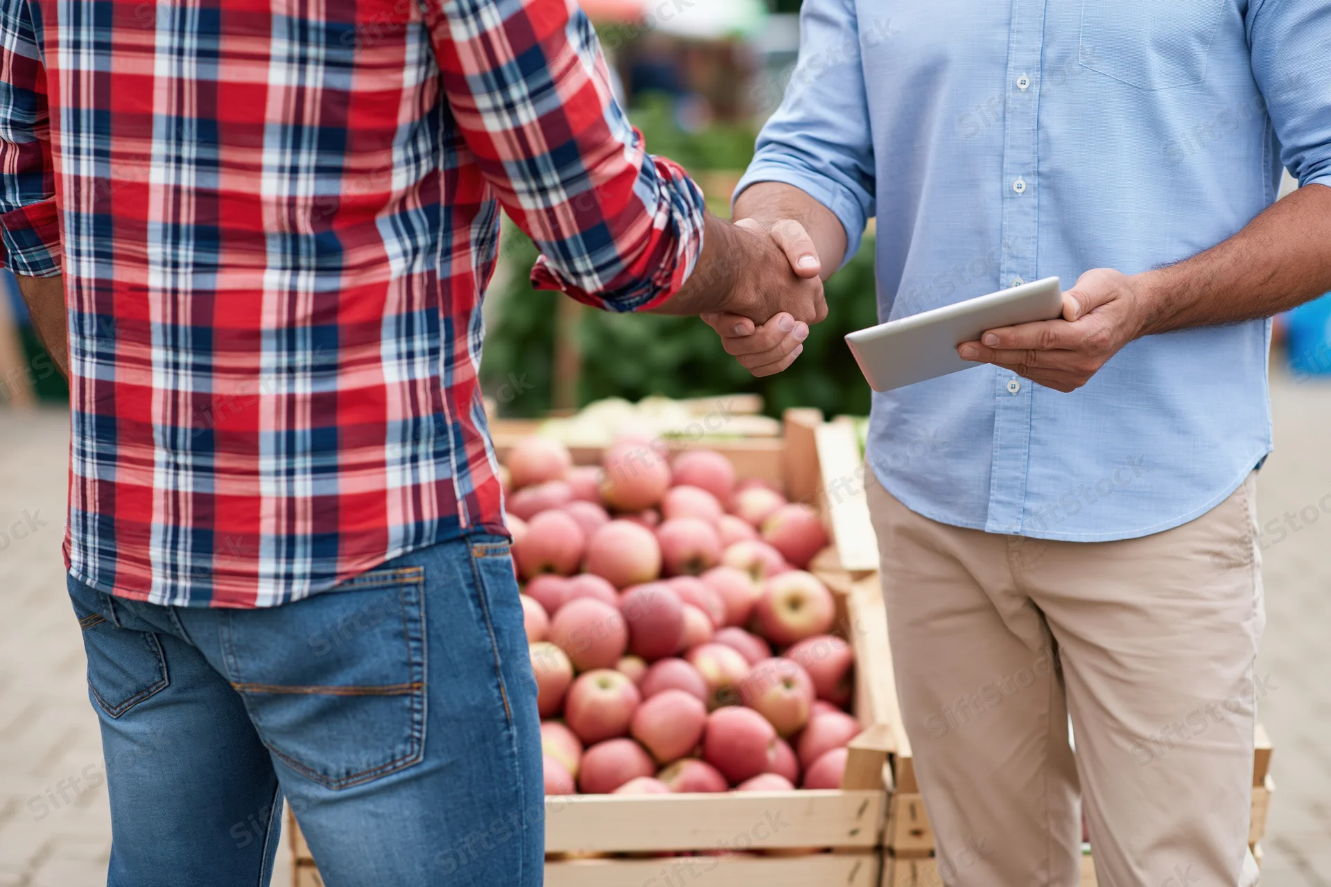 Two men shaking hands beside a crate of apples at an outdoor market