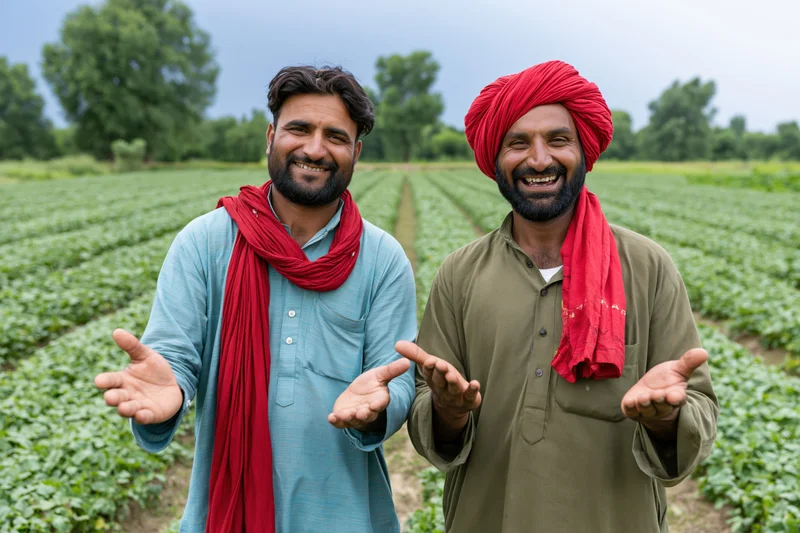 Two men smiling with open hands in a green crop field