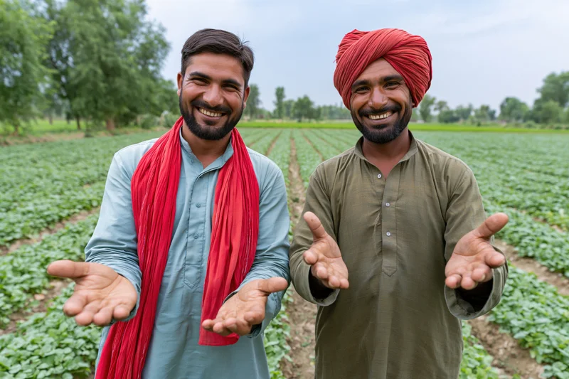 Two smiling farmers gesturing with open palms in a green crop field
