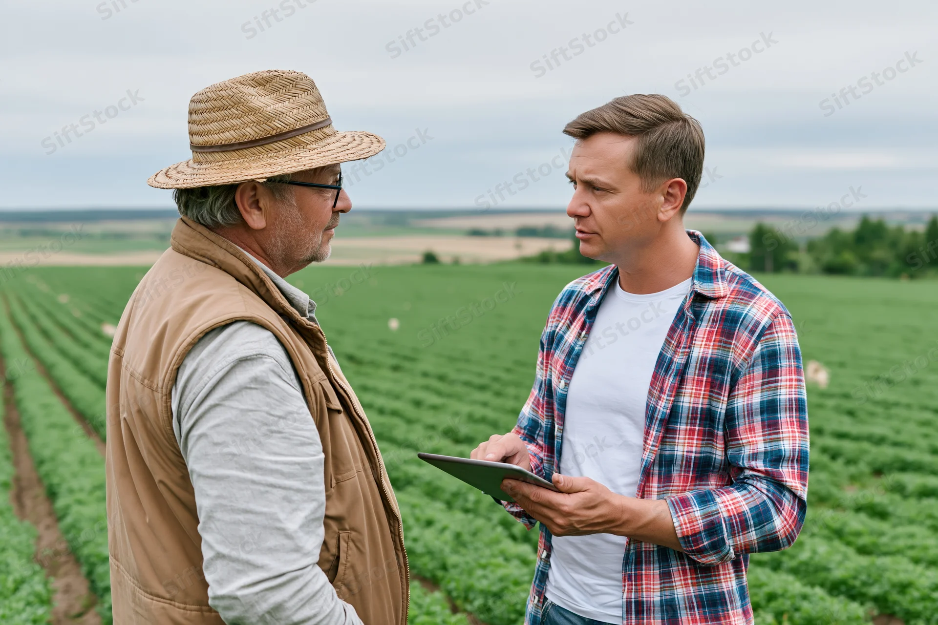 Two men discussing crop health in a green field using a tablet