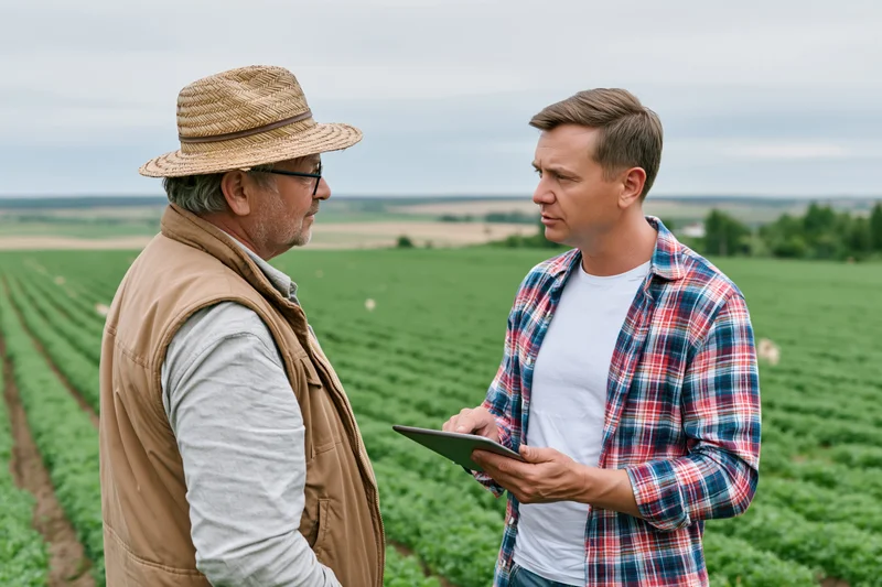Two men discussing crop health in a green field using a tablet