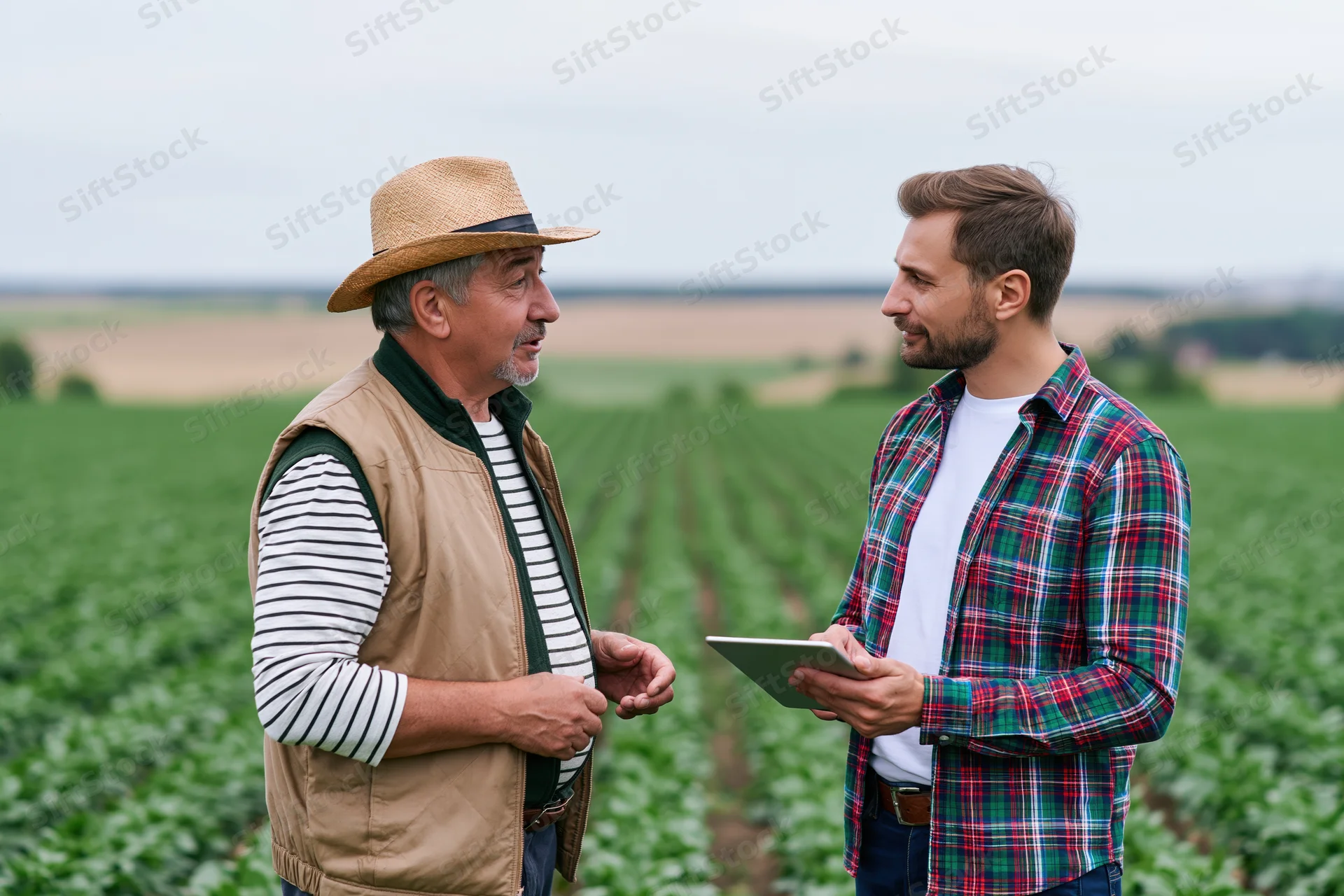 Two men discussing crop management in a green field using a tablet