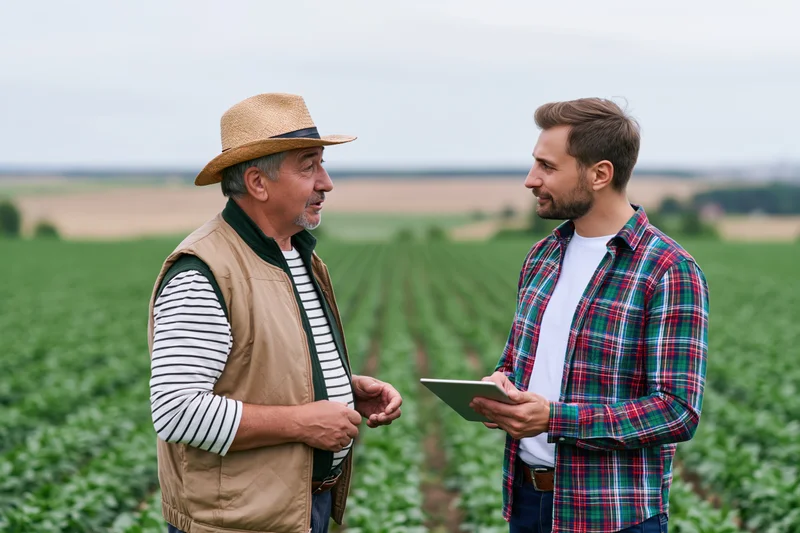 Two men discussing crop management in a green field using a tablet