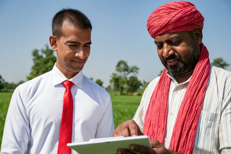 Two men consulting on a tablet in a green field
