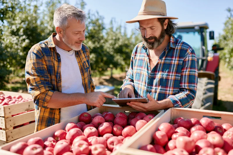 Two men inspecting apples in crates at an orchard using a tablet