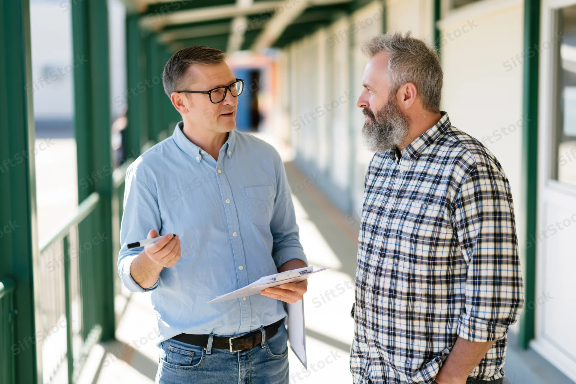Two men discussing work while standing in a sunlit corridor outside a building