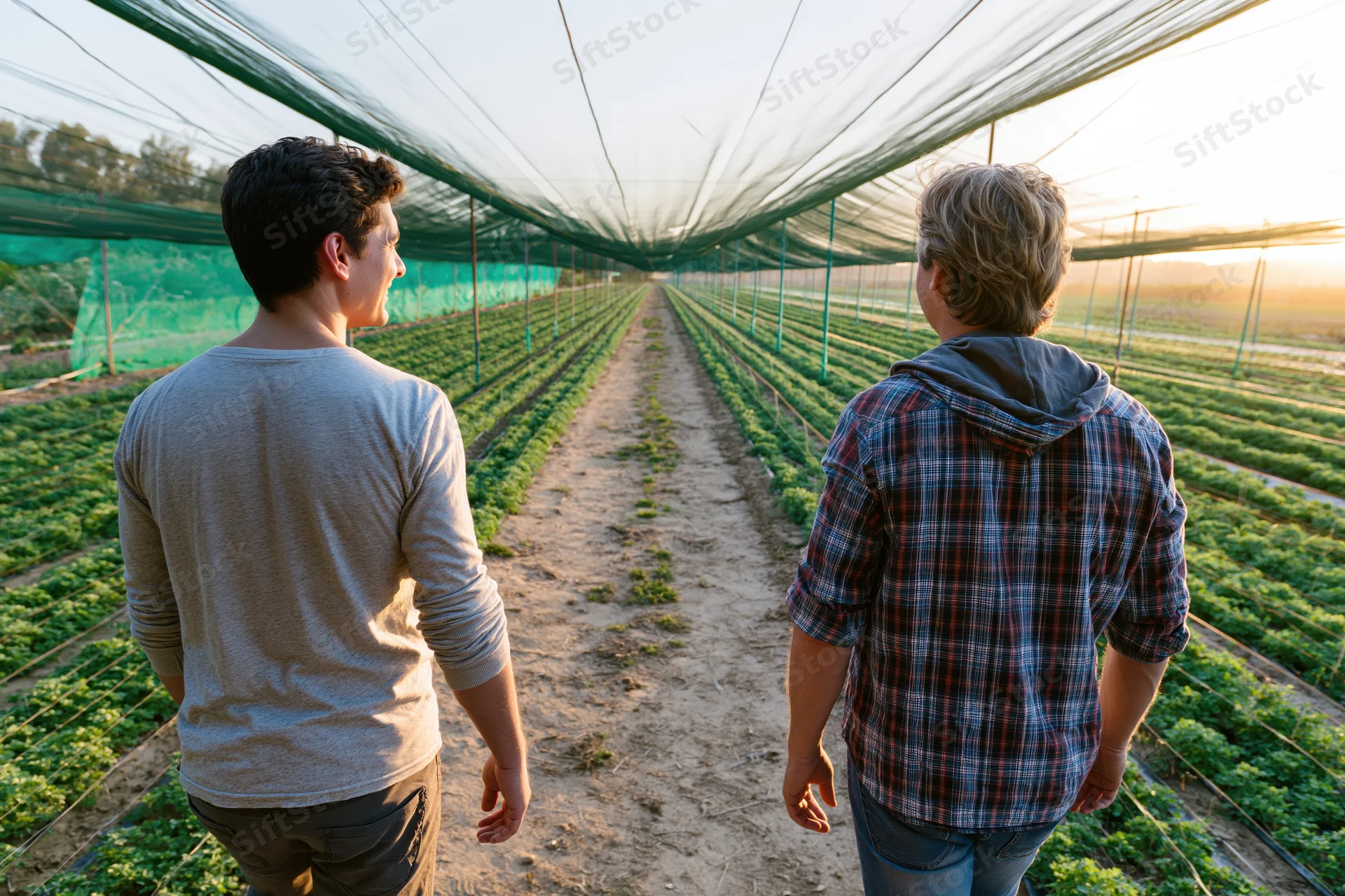 Two men walking along a dirt path between rows of crops in a netted greenhouse field at sunset