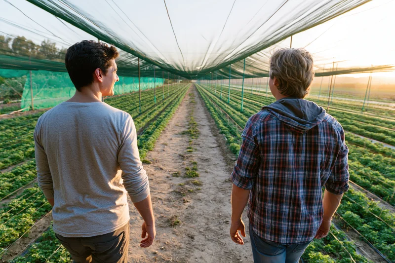 Two men walking along a dirt path between rows of crops in a netted greenhouse field at sunset