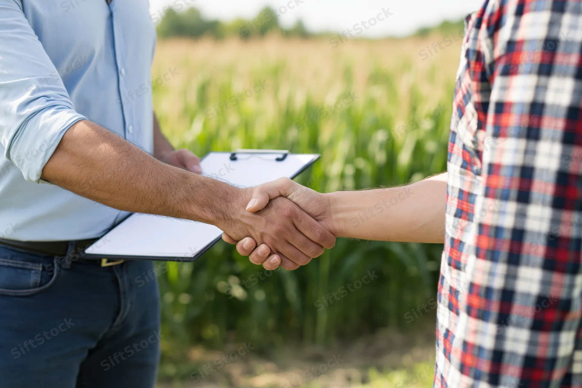 Two men shaking hands in a cornfield with a clipboard, indicating a farming agreement