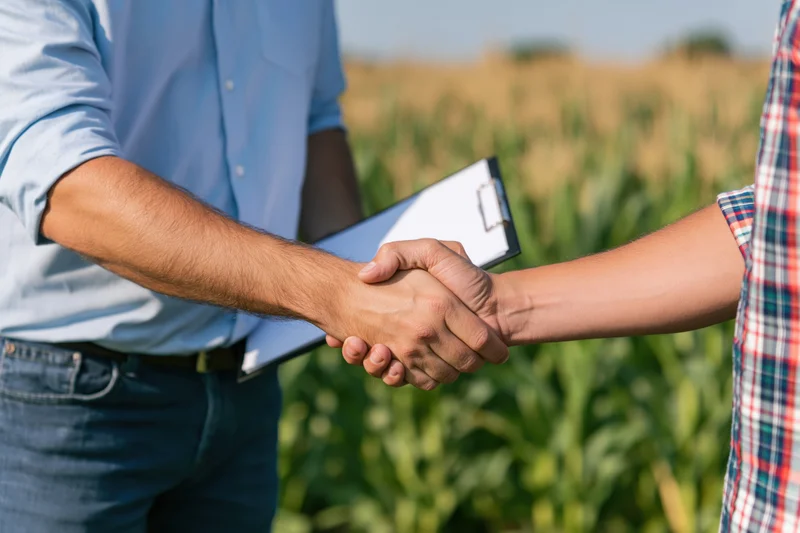 Two people shaking hands in a cornfield with a clipboard, indicating a farm inspection or agreement