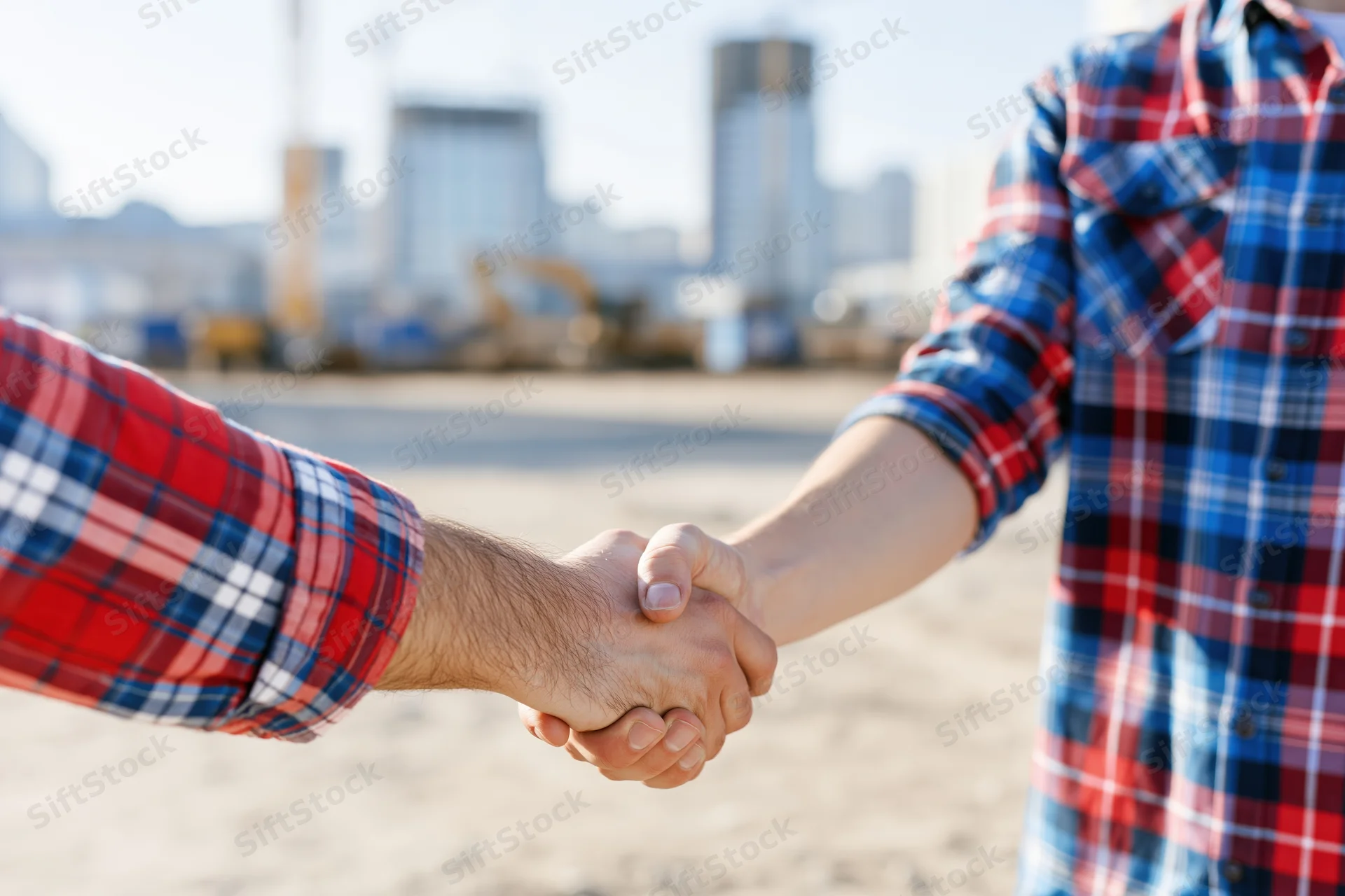 Two men in plaid shirts shaking hands on a construction site with city skyline in background