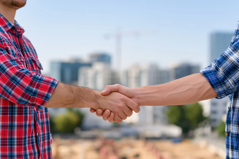 Two men shaking hands at a construction site with city skyline in background