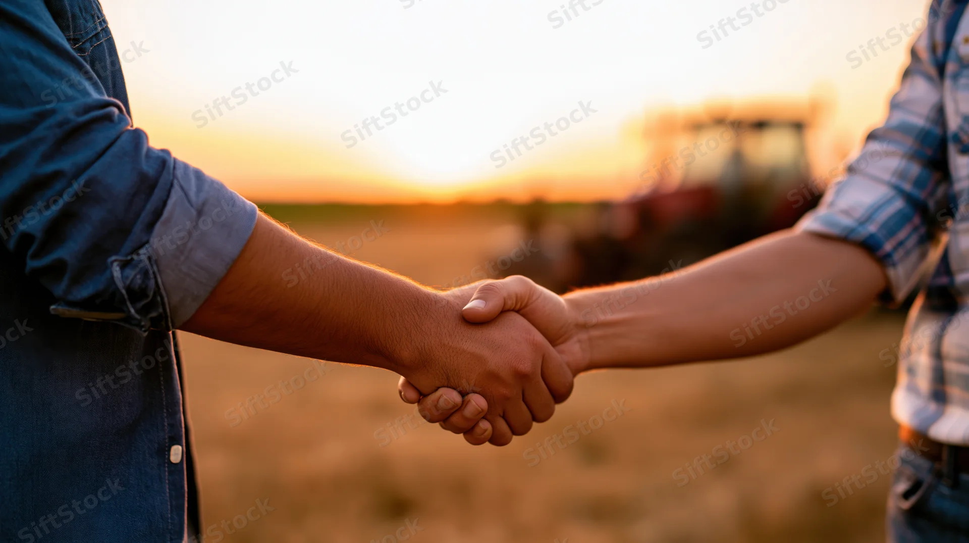Two men shaking hands in a field at sunset with a tractor in the background
