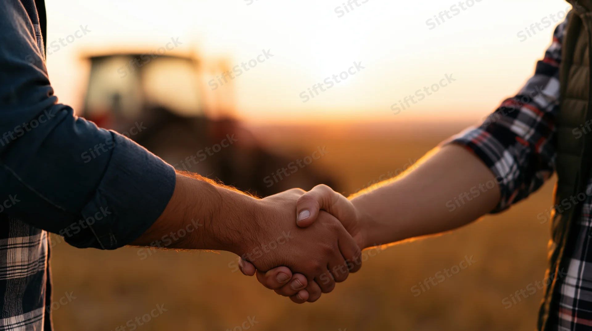 Two men shaking hands in a field at sunset with a tractor in the background