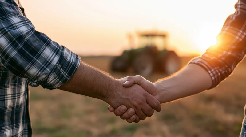 Two people shaking hands in a field at sunset with a tractor in the background
