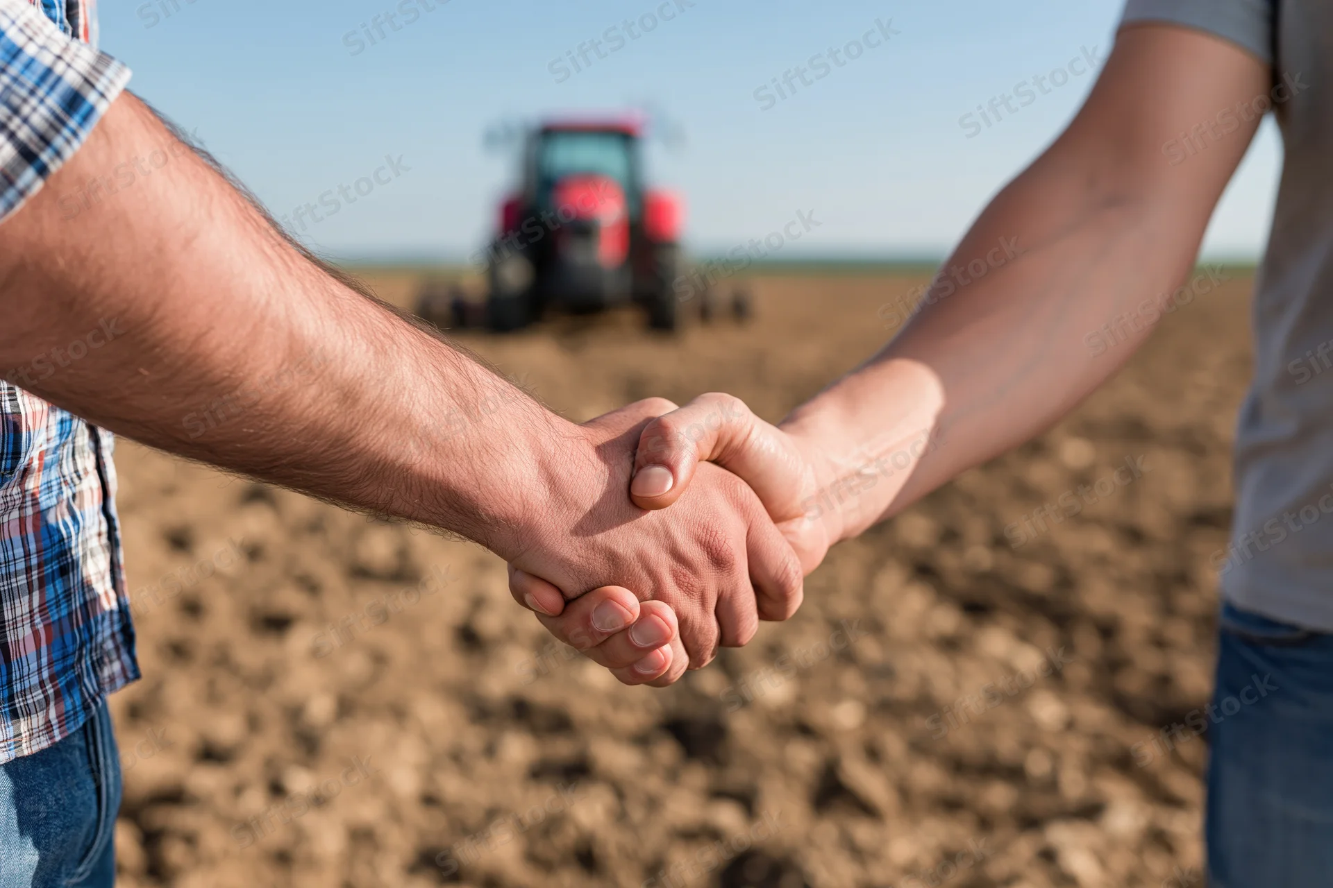 Two men shaking hands in a plowed field with a red tractor in the background